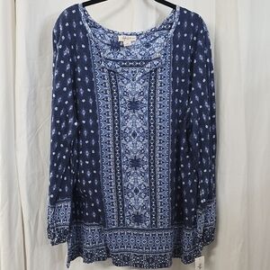 Style & Co 2X Long Sleeve Blue Navy Whitw Boho Floral Tile Medallion Tunic Top